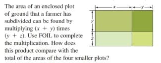 The area of an enclosed plot
of ground that a farmer has
subdivided can be found by
multiplying (x + y) times
(y + z). Use FOIL to complete
the multiplication. How does
this product compare with the
total of the areas of the four smaller plots?
