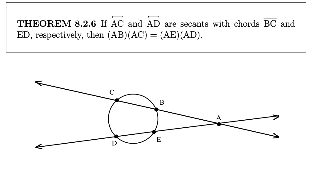 THEOREM 8.2.6 If AC and AD are secants with chords BC and
ED, respectively, then (AB)(AC) = (AE)(AD).
%3|
В
A
E
D

