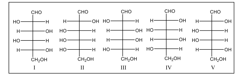 СНо
CHO
CHO
CHO
CHO
но
H
-ОН НО
H-
-ОН
H-
-ОН
HO
но-
H-
OH HO
Но-
но
но-
H-
HO-
H-
OH
но-
H-
H-
HO-
но-
-H-
но-
Но
H-
HO-
CH2OH
CH2OH
CH2OH
CH2OH
CH2OH
I
II
III
IV
V
