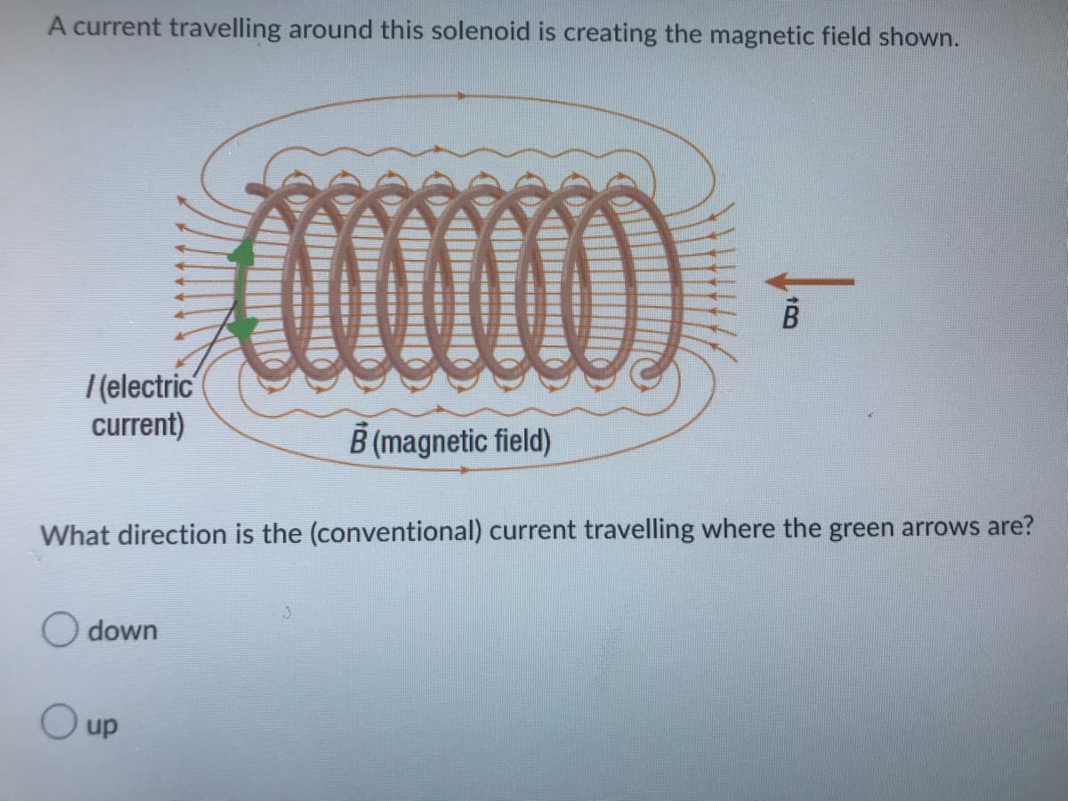 A current travelling around this solenoid is creating the magnetic field shown.
/(electric
current)
down
B (magnetic field)
up
100
What direction is the (conventional) current travelling where the green arrows are?
B