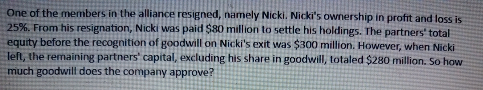 One of the members in the alliance resigned, namely Nicki. Nicki's ownership in profit and loss is
25%. From his resignation, Nicki was paid $80 million to settle his holdings. The partners' total
equity before the recognition of goodwill on Nicki's exit was $300 million. However, when Nicki
left, the remaining partners' capital, excluding his share in goodwill, totaled $280 million. So how
much goodwill does the company approve?
