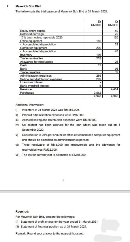 2.
Maverick Sdn Bhd
The following is the trial balance of Maverick Sdn Bhd at 31 March 2021.
Dr
Cr
RM'000
RM'000
Equity share capital
Retained earnings
10% Loan notes, repayable 2023
Office equipment
Accumulated depreciation
Computer equipment
Accumulated depreciation
Inventory
Trade receivables
Allowance for receivables
Cash
50
79
120
160
32
200
40
196
253
26
12
Bank
96
Trade payables
Administration expenses
Selling and distribution expenses
Loan note interest
Bank overdraft interest
89
286
269
8
Revenue
4,414
Purchases
3,562
4,946
4,946
Additional information:
i) Inventory at 31 March 2021 was RM156,000.
ii) Prepaid administration expenses were RM5,000
ii) Accrued selling and distribution expenses were RM26,000.
iv) No interest has been accrued for the loan which was taken out on 1
September 2020.
v) Depreciation is 20% per annum for office equipment and computer equipment
and should be classified as administration expenses.
vi) Trade receivable of RM8,000 are irrecoverable and the allowance for
receivables was RM32,000.
vii) The tax for current year is estimated at RM18,000.
2
Required:
For Maverick Sdn Bhd, prepare the followings:
(i) Statement of profit or loss for the year ended 31 March 2021
(ii) Statement of financial position as at 31 March 2021.
Remark: Round your answer to the nearest thousand.
