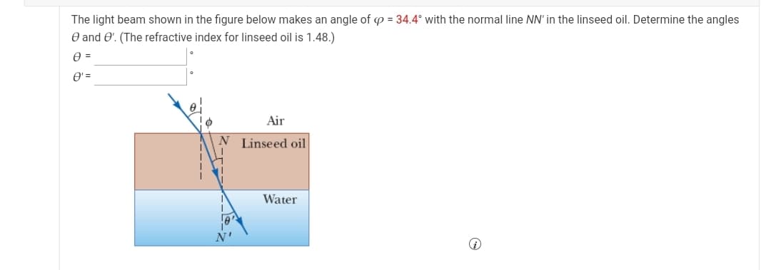 The light beam shown in the figure below makes an angle of p = 34.4° with the normal line NN' in the linseed oil. Determine the angles
O and O'. (The refractive index for linseed oil is 1.48.)
O' =
Air
Linseed oil
Water
