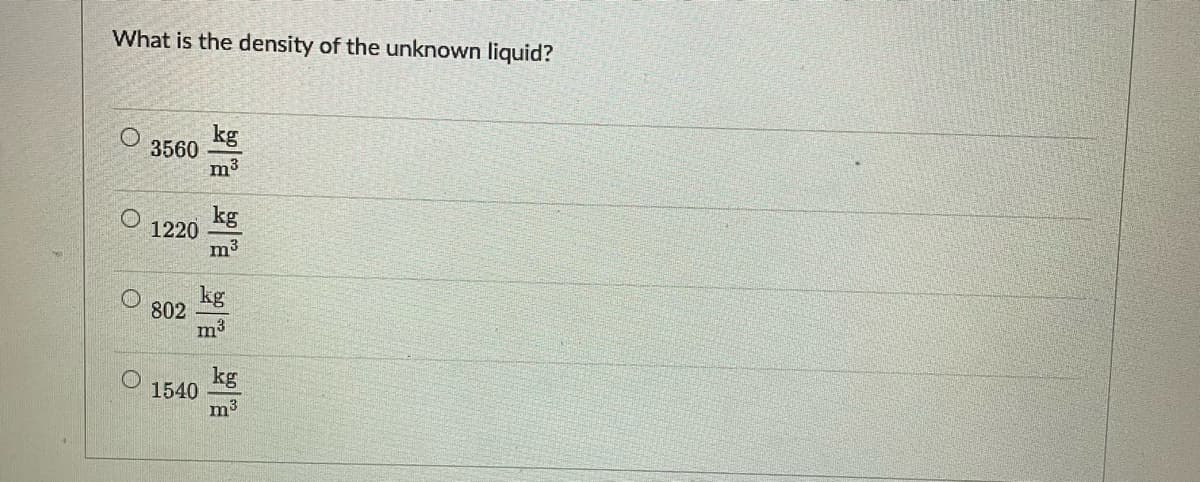 What is the density of the unknown liquid?
3560
kg
m³
kg
1220
m³
802
1540
O
O
kg
m³
kg
m³