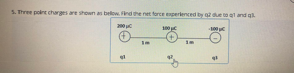 5. Three point charges are shown as below. Find the net force experienced by q2 due to q1 and q3.
200 με
100 µC
-100 µC
(+)
1m
1 m
q1
q2
q3
