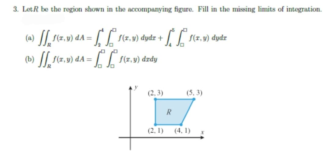 3. LetR be the region shown in the accompanying figure. Fill in the missing limits of integration.
(a) |/ f(z, v) dA =
S(17,4) dydr +
f(1, y) dydr
(b) /I. (z. v) dA = [
f(1, y) drdy
(2, 3)
(5, 3)
R
(2, 1)
(4, 1)
