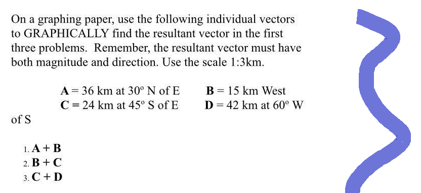 On a graphing paper, use the following individual vectors
to GRAPHICALLY find the resultant vector in the first
three problems. Remember, the resultant vector must have
both magnitude and direction. Use the scale 1:3km.
of S
A = 36 km at 30° N of E
C = 24 km at 45° S of E
1. A + B
2. B+C
3. C + D
B = 15 km West
D = 42 km at 60° W
