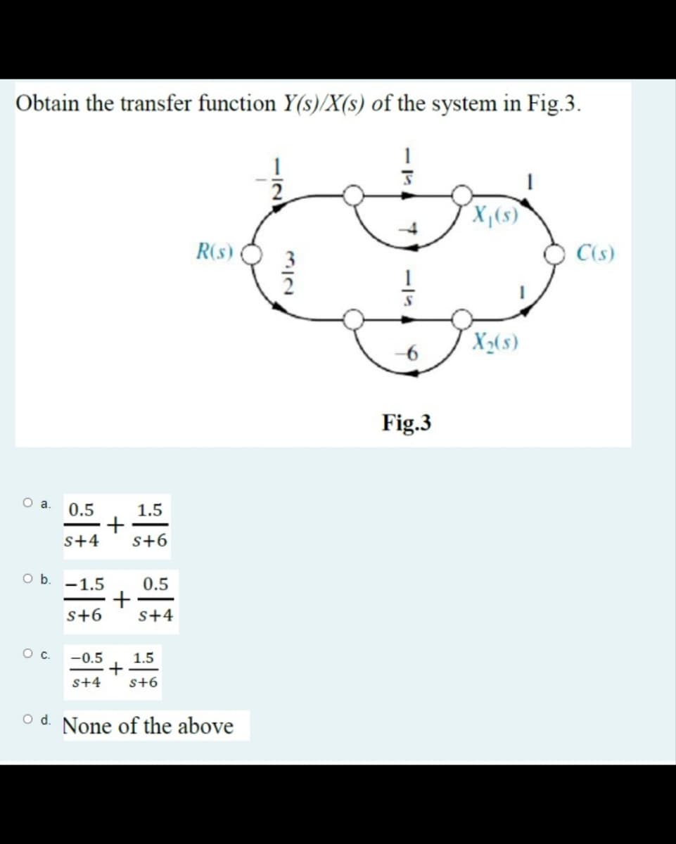Obtain the transfer function Y(s)/X(s) of the system in Fig.3.
R(s)
C(s)
X3(s)
Fig.3
Oa.
0.5
1.5
s+4
s+6
Ob.
-1.5
+
s+6
0.5
s+4
Oc.
-0.5
1.5
s+4
s+6
O d. None of the above
1/2
+
