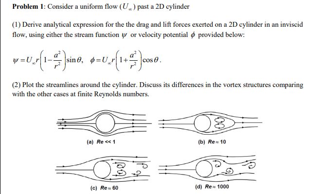 Problem 1: Consider a uniform flow (U. ) past a 2D cylinder
(1) Derive analytical expression for the the drag and lift forces exerted on a 2D cylinder in an inviscid
flow, using either the stream function w or velocity potential ø provided below:
y =U_r 1-:
sin0, ø =l
1+
cos0.
(2) Plot the streamlines around the cylinder. Discuss its differences in the vortex structures comparing
with the other cases at finite Reynolds numbers.
(a) Re << 1
(b) Re= 10
(c) Re 60
(d) Re 1000
