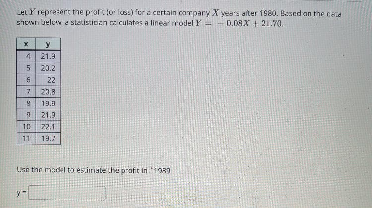 Let Y represent the profit (or loss) for a certain company X years after 1980. Based on the data
shown below, a statistician calculates a linear model Y =- 0.08X + 21.70.
%3D
y
4
21.9
20.2
6.
22
7.
20.8
8
19.9
9.
21.9
10
22.1
11
19.7
Use the model to estimate the profit in 1989
y 3D
