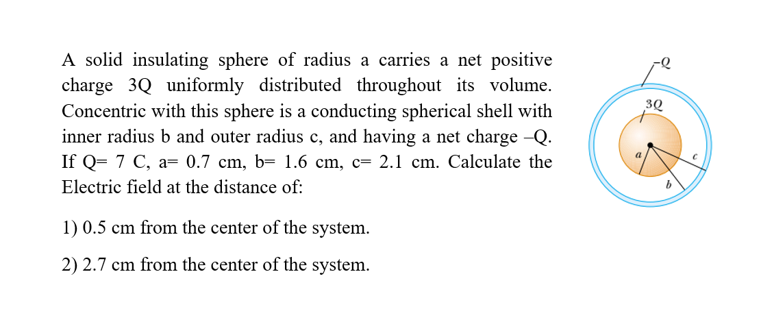 A solid insulating sphere of radius a carries a net positive
charge 3Q uniformly distributed throughout its volume.
Concentric with this sphere is a conducting spherical shell with
inner radius b and outer radius c, and having a net charge -Q.
3Q
If Q= 7 C, a= 0.7 cm, b= 1.6 cm, c= 2.1 cm. Calculate the
Electric field at the distance of:
1) 0.5 cm from the center of the system.
2) 2.7 cm from the center of the system.
