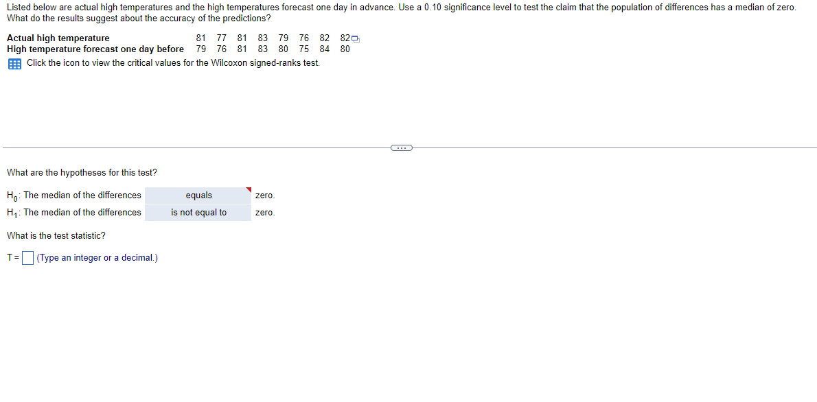 Listed below are actual high temperatures and the high temperatures forecast one day in advance. Use a 0.10 significance level to test the claim that the population of differences has a median of zero.
What do the results suggest about the accuracy of the predictions?
Actual high temperature
81 77 81 83 79 76 82 82
High temperature forecast one day before 79 76 81 83 80 75 84 80
Click the icon to view the critical values for the Wilcoxon signed-ranks test.
What are the hypotheses for this test?
Ho: The median of the differences
H₁: The median of the differences
What is the test statistic?
T= (Type an integer or a decimal.)
equals
is not equal to
zero.
zero.
C