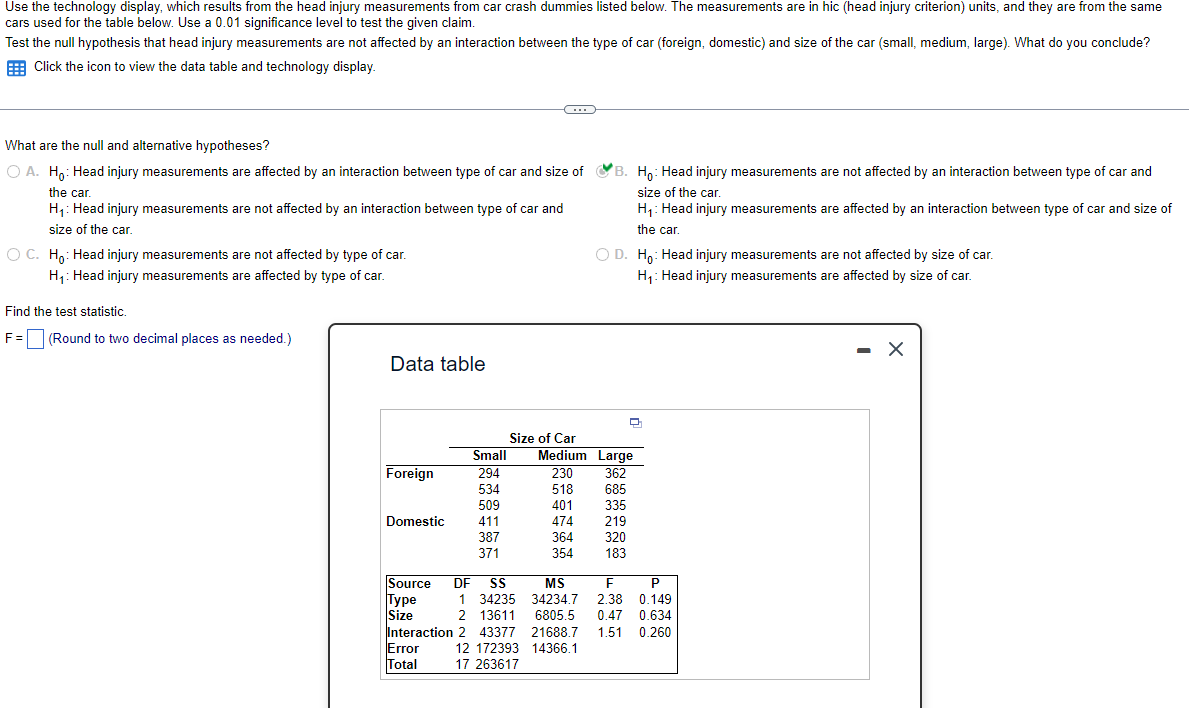 Use the technology display, which results from the head injury measurements from car crash dummies listed below. The measurements are in hic (head injury criterion) units, and they are from the same
cars used for the table below. Use a 0.01 significance level to test the given claim.
Test the null hypothesis that head injury measurements are not affected by an interaction between the type of car (foreign, domestic) and size of the car (small, medium, large). What do you conclude?
Click the icon to view the data table and technology display.
What are the null and alternative hypotheses?
O A. Ho: Head injury measurements are affected by an interaction between type of car and size of B. Ho: Head injury measurements are not affected by an interaction between type of car and
size of the car.
H₁: Head injury measurements are affected by an interaction between type of car and size of
the car.
the car.
H₁: Head injury measurements are not affected by an interaction between type of car and
size of the car.
O C. Ho: Head injury measurements are not affected by type of car.
H₁: Head injury measurements are affected by type of car.
Find the test statistic.
F = (Round to two decimal places as needed.)
Data table
Foreign
Domestic
Small
294
534
509
411
387
371
Source DF SS
C
Size of Car
17 263617
O D. Ho: Head injury measurements are not affected by size of car.
H₁: Head injury measurements are affected by size of car.
230
518
401
474
364
354
Medium Large
362
685
335
D
219
320
183
MS
F
P
Type
1 34235 34234.7
2.38 0.149
Size
2 13611 6805.5 0.47 0.634
Interaction 2 43377 21688.7 1.51 0.260
Error
172393 14366.1
Total
- X