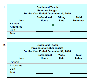 1.
Crable and Tesch
Revenue Budget
For the Year Ended December 31, 2016
Professional
Billing
Total
Item
Hours
Rate
Revenues
Partners
Associates
Staff
Total
2.
Crable and Tesch
Professional Labor Budget
For the Year Ended December 31, 2016
Professional
Wage
Total
Item
Hours
Rate
Labor
Partners
Associates
Staff
Total
