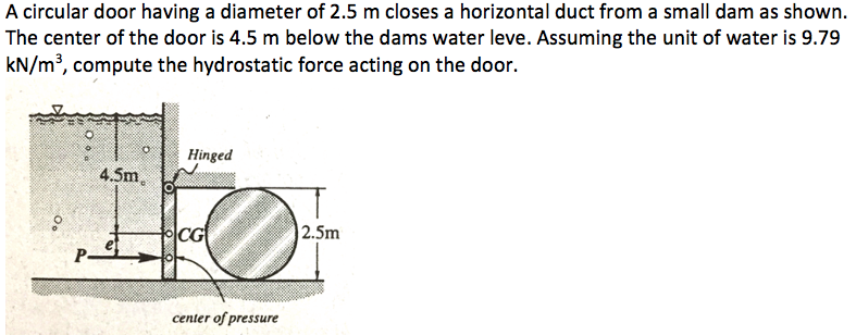 A circular door having a diameter of 2.5 m closes a horizontal duct from a small dam as shown.
The center of the door is 4.5 m below the dams water leve. Assuming the unit of water is 9.79
kN/m³, compute the hydrostatic force acting on the door.
Hinged
4.5m.
CG
2.5m
center of pressure
