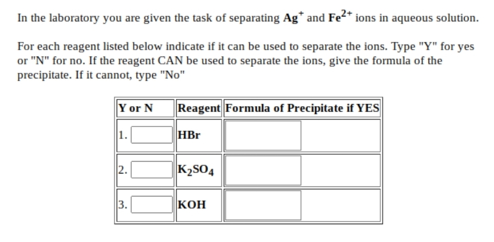 In the laboratory you are given the task of separating Ag* and Fe* ions in aqueous solution.
For each reagent listed below indicate if it can be used to separate the ions. Type "Y" for
or "N" for no. If the reagent CAN be used to separate the ions, give the formula of the
precipitate. If it cannot, type "No"
yes
Y or N
Reagent Formula of Precipitate if YES
1.
HBr
2.
K2SO4
3.
КОН

