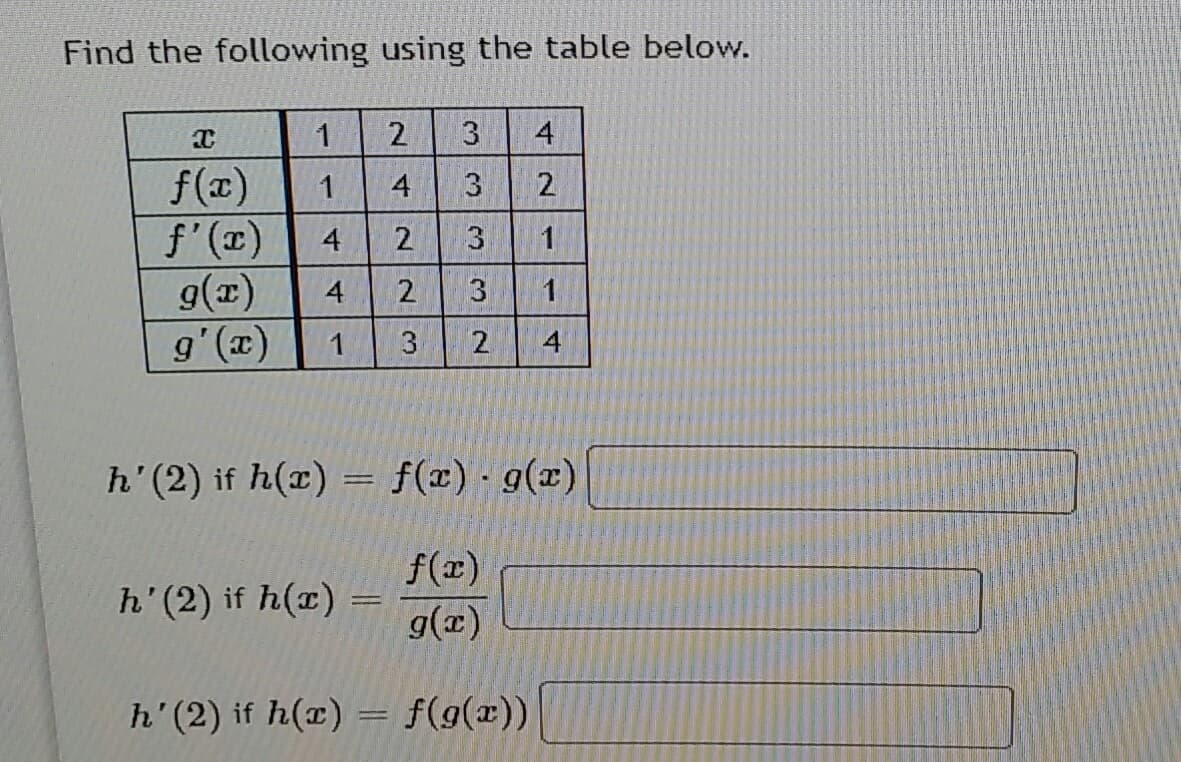 Find the following using the table below.
1
2.
3
f(x)
f'(x)
9()
g'(x)
1
4
3
1
4
1
4
h' (2) if h(x) =
f(x) - g(x)
%3D
f(x)
h'(2) if h(x) =
g(x)
h'(2) if h(x) = f(9(x))
42
