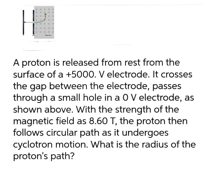 A proton is released from rest from the
surface of a +5000. V electrode. It crosses
the gap between the electrode, passes
through a small hole in a 0 Velectrode, as
shown above. With the strength of the
magnetic field as 8.60 T, the proton then
follows circular path as it undergoes
cyclotron motion. What is the radius of the
proton's path?
