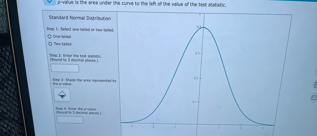 p-value is the area under the curve to the left of the value of the test statistic.
Standard Normal Distribution
Step 1: Select one-tailed or two-tailed.
0.4
O One-tailed
O Two-tailed
0.3-
Step 2: Enter the test statistic.
(Round to 3 decimal places.)
0.2 -
Step 3: Shade the area represented by
the p-value.
0.1+
Step 4: Enter the p-value.
(Round to 3 decimal places.)
