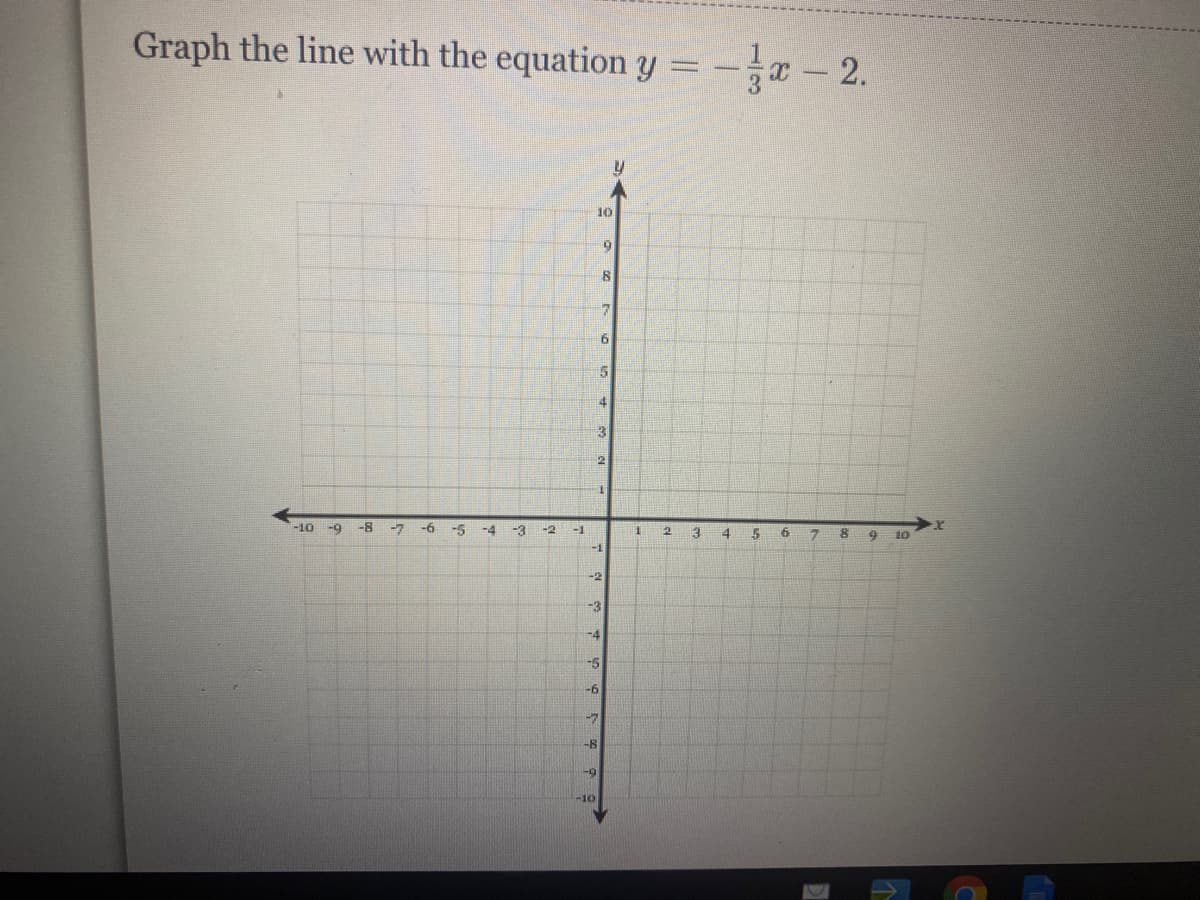 Graph the line with the equation y = - ¤ – 2.
10
6
-10
-9
-8
-7
-6
-5 -4
-3
-2
-1
15
10
-2
-3
-4
-5
-9-
-7
-B
-9
-10
