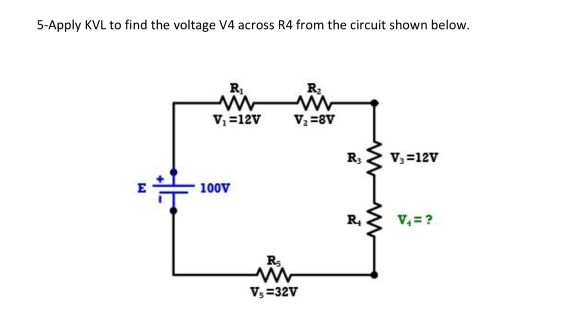 5-Apply KVL to find the voltage V4 across R4 from the circuit shown below.
R₁
www
V₁ =12V
100V
R₂
WW
V₂=8V
R5
WW
V₁=32V
R3
R4
M
ww
V3=12V
V4=?
