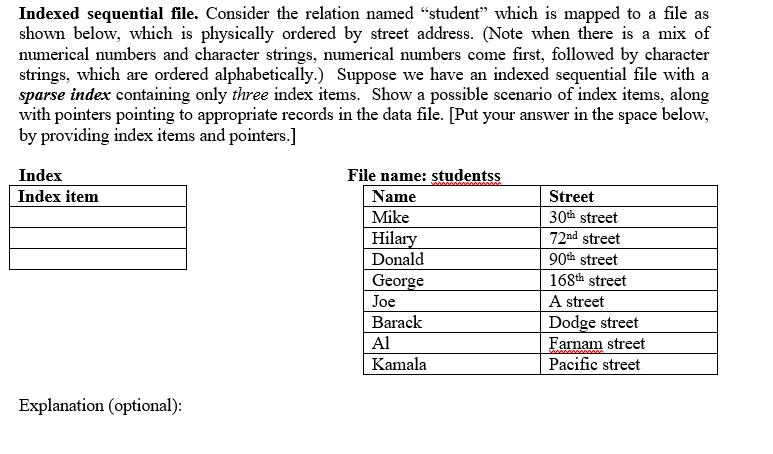 Indexed sequential file. Consider the relation named "student" which is mapped to a file as
shown below, which is physically ordered by street address. (Note when there is a mix of
numerical numbers and character strings, numerical numbers come first, followed by character
strings, which are ordered alphabetically.) Suppose we have an indexed sequential file with a
sparse index containing only three index items. Show a possible scenario of index items, along
with pointers pointing to appropriate records in the data file. [Put your answer in the space below,
by providing index items and pointers.]
Index
File name: studentss
Index item
Name
Street
Mike
30th street
Hilary
Donald
72nd street
90th street
168th street
George
A street
Dodge street
Farnam street
Pacific street
Joe
Barack
Al
Kamala
Explanation (optional):
