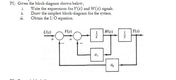 P1) Given the block diagram shown below,
Write the expressions for V (s) and W(s) signals.
Draw the simplest block-diagram for the system.
Obtain the I/O equation.
U(s)
V(s)
W(s)
|Y(s)
a,
do
