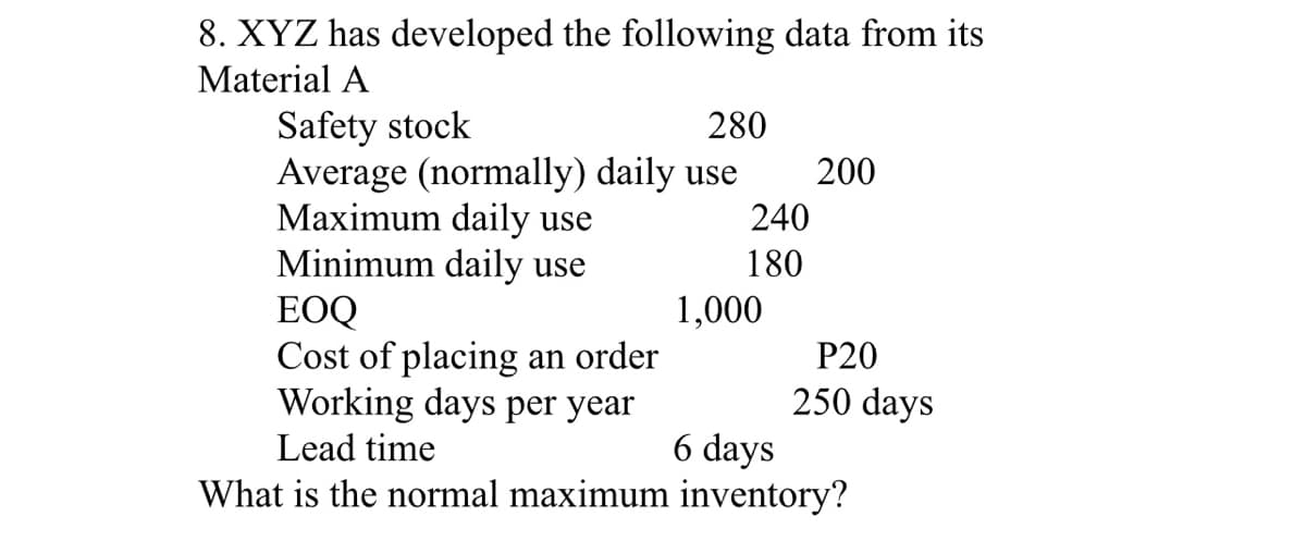 8. XYZ has developed the following data from its
Material A
Safety stock
Average (normally) daily use
Maximum daily use
Minimum daily use
EOQ
Cost of placing an order
Working days per year
280
200
240
180
1,000
Р20
250 days
6 days
What is the normal maximum inventory?
Lead time
