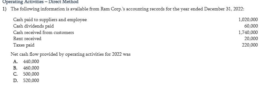 Operating Activities - Direct Method
1) The following information is available from Ram Corp.'s accounting records for the year ended December 31, 2022:
Cash paid to suppliers and employee
Cash dividends paid
1,020,000
60,000
Cash received from customers
1,740,000
20,000
Rent received
Taxes paid
220,000
Net cash flow provided by operating activities for 2022 was
A. 440,000
B. 460,000
C. 500,000
D. 520,000
