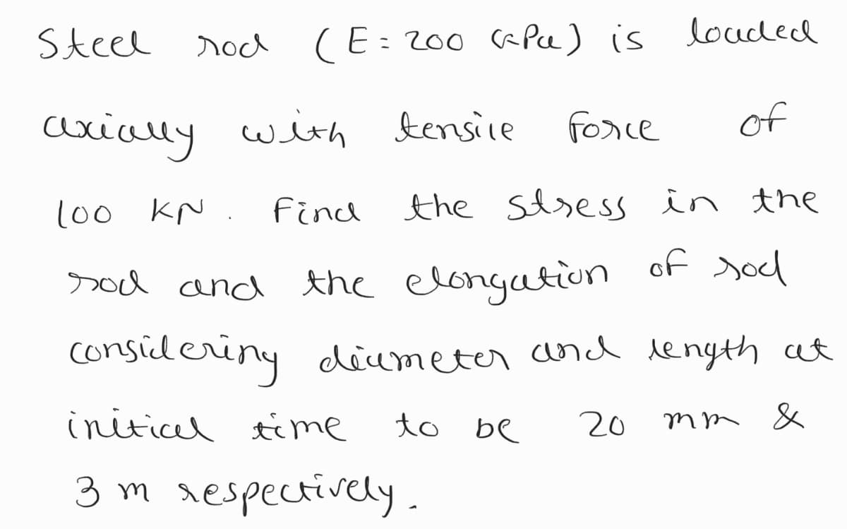 Steel
(E: 200 GPu) is louded
axialy with tensice
force
of
100 KN. Find
the slsess in the
of sod
sod and the elongation
consideriny diameter cand length at
initical time
to
be
20
mm &
3 m respectively .
