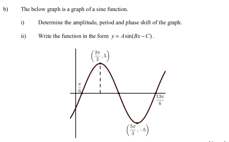 b)
The below graph is a graph of a sine function.
i)
Determine the amplitude, period and phase shift of the graph.
ii)
Write the function in the form y= Asin(Bx – C).
13
6
57
-5
3
