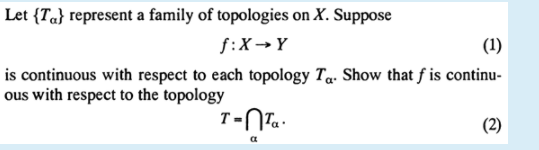 Let {Ta} represent a family of topologies on X. Suppose
f:X→Y
(1)
is continuous with respect to each topology Ta. Show that f is continu-
ous with respect to the topology
T-NTa-
(2)
