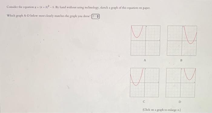 Consider the equation y- (+ 3)2 -1. By hand without using technology, sketch a graph of this equation on paper.
Which graph A-D below most clovely matches the graph you drew? ? :
B
(Click on a graph to enlarge it.)
