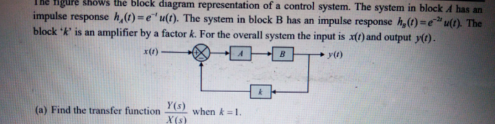 thể block diagram representation of a control system. The system in block A has an
impulse response h,(t)=e"u(t). The system in block B has an impulse response h,(t)=e u(t). The
block 'k' is an amplifier by a factor k. For the overall system the input is x(t) and output y(t).
x(1)
y(1)
Y(s)
(a) Find the transfer function
when k =1.
X(s)
