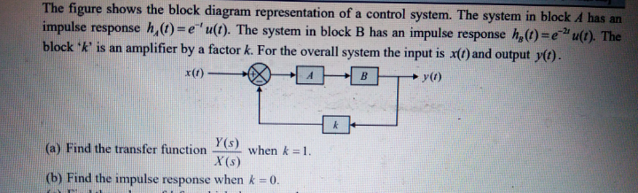 The figure shows the block diagram representation of a control system. The system in block A has an
impulse response h,(t)=e"u(t). The system in block B has an impulse response h,(1)=e"u(t). The
block k' is an amplifier by a factor k. For the overall system the input is x(t) and output y(t).
x(1)
B
y(1)
Y(s)
(a) Find the transfer function
X(s)
(b) Find the impulse response when k = 0.
when k =1.
