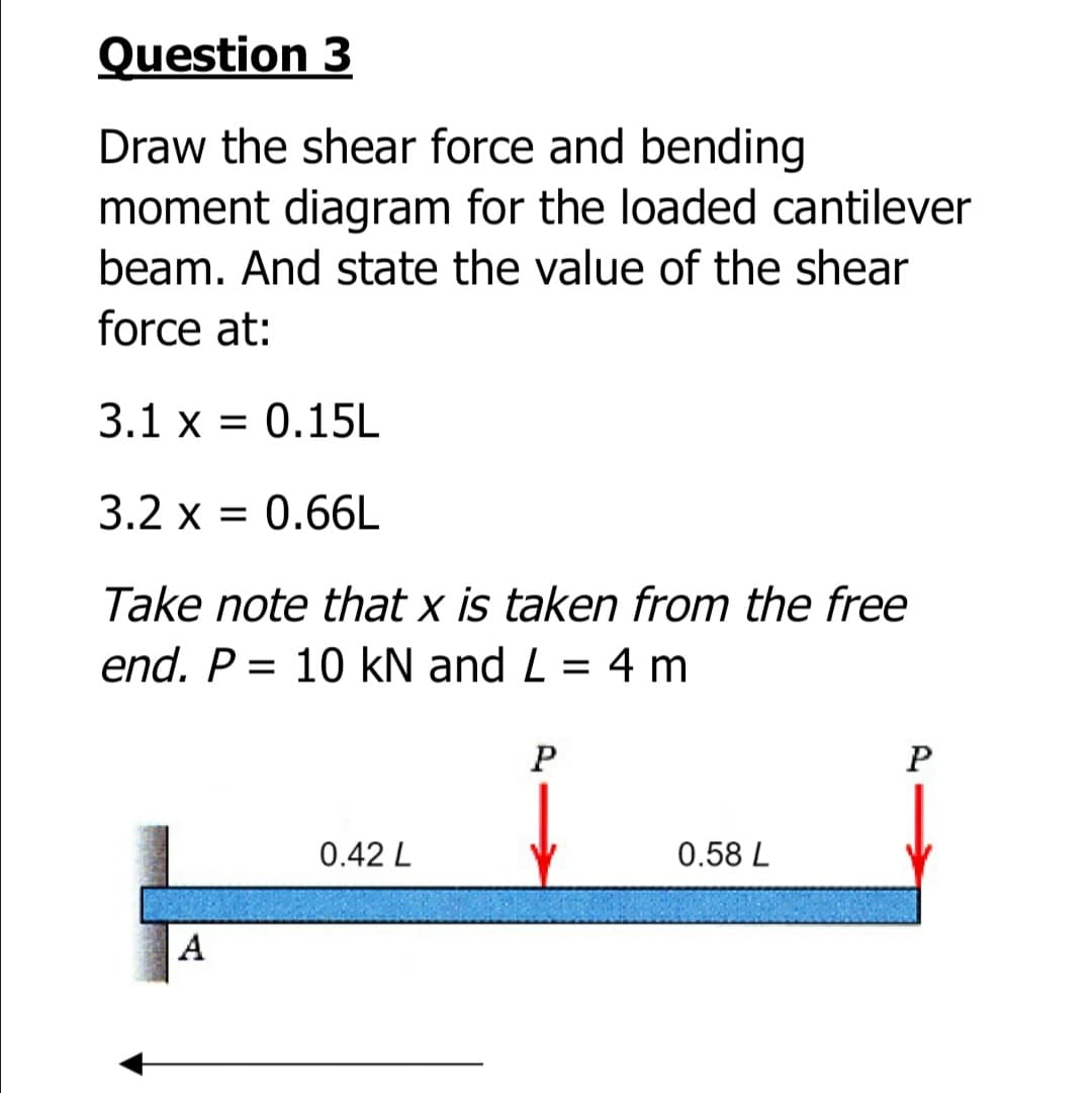Question 3
Draw the shear force and bending
moment diagram for the loaded cantilever
beam. And state the value of the shear
force at:
3.1 x = 0.15L
3.2 x = 0.66L
Take note that x is taken from the free
end. P = 10 kN and L = 4 m
%3D
0.42 L
0.58 L
A

