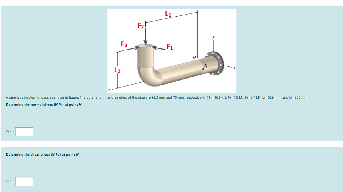 L1
F2!
F3
F1
H
L2
A pipe is subjected to loads as shown in figure. The outer and inner diameters of the pipe are 99,2 mm and 79 mm, respectively. If F1=16,6 kN, F2=7,5 kN, F3=7,7 kN, L1=529 mm, and L2=235 mm;
Determine the normal stress (MPa) at point H.
Yanıt:
Determine the shear stress (MPa) at point H.
Yanıt:
