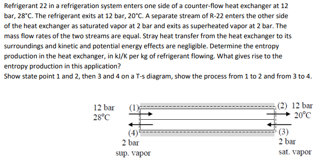 Refrigerant 22 in a refrigeration system enters one side of a counter-flow heat exchanger at 12
bar, 28°C. The refrigerant exits at 12 bar, 20°C. A separate stream of R-22 enters the other side
of the heat exchanger as saturated vapor at 2 bar and exits as superheated vapor at 2 bar. The
mass flow rates of the two streams are equal. Stray heat transfer from the heat exchanger to its
surroundings and kinetic and potential energy effects are negligible. Determine the entropy
production in the heat exchanger, in kJ/K per kg of refrigerant flowing. What gives rise to the
entropy production in this application?
Show state point 1 and 2, then 3 and 4 on a T-s diagram, show the process from 1 to 2 and from 3 to 4.
,(2) 12 bar
20°C
12 bar
(1)
28°C
(4)
2 bar
(3)
2 bar
sup. vapor
sat. vapor
