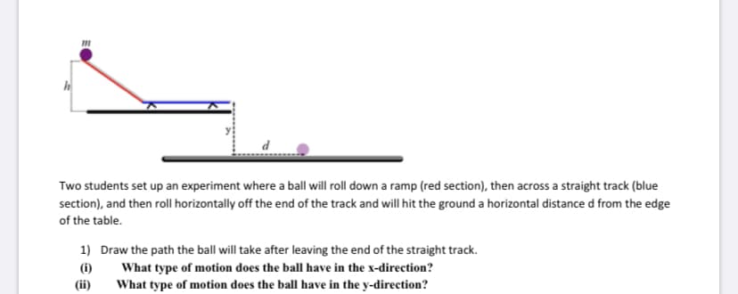 Two students set up an experiment where a ball will roll down a ramp (red section), then across a straight track (blue
section), and then roll horizontally off the end of the track and will hit the ground a horizontal distance d from the edge
of the table.
1) Draw the path the ball will take after leaving the end of the straight track.
(i)
What type of motion does the ball have in the x-direction?
What type of motion does the ball have in the y-direction?
(ii)
