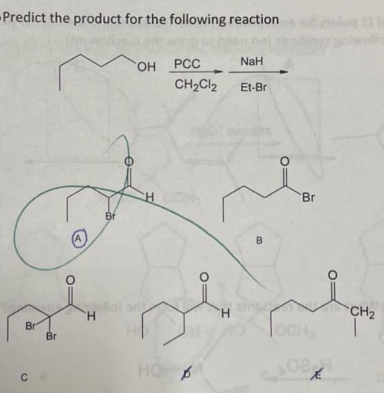 Predict the product for the following reaction
olog ) la
wolls
РСС
NaH
OH
CH2CI2
Et-Br
Br
Bf
(A
B
H.
H.
CH2
Br
Br
loCH,
HO 6
