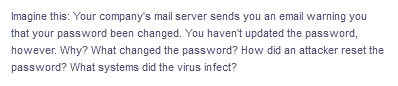 Imagine this: Your company's mail server sends you an email warning you
that your password been changed. You haven't updated the password,
however. Why? What changed the password? How did an attacker reset the
password? What systems did the virus infect?