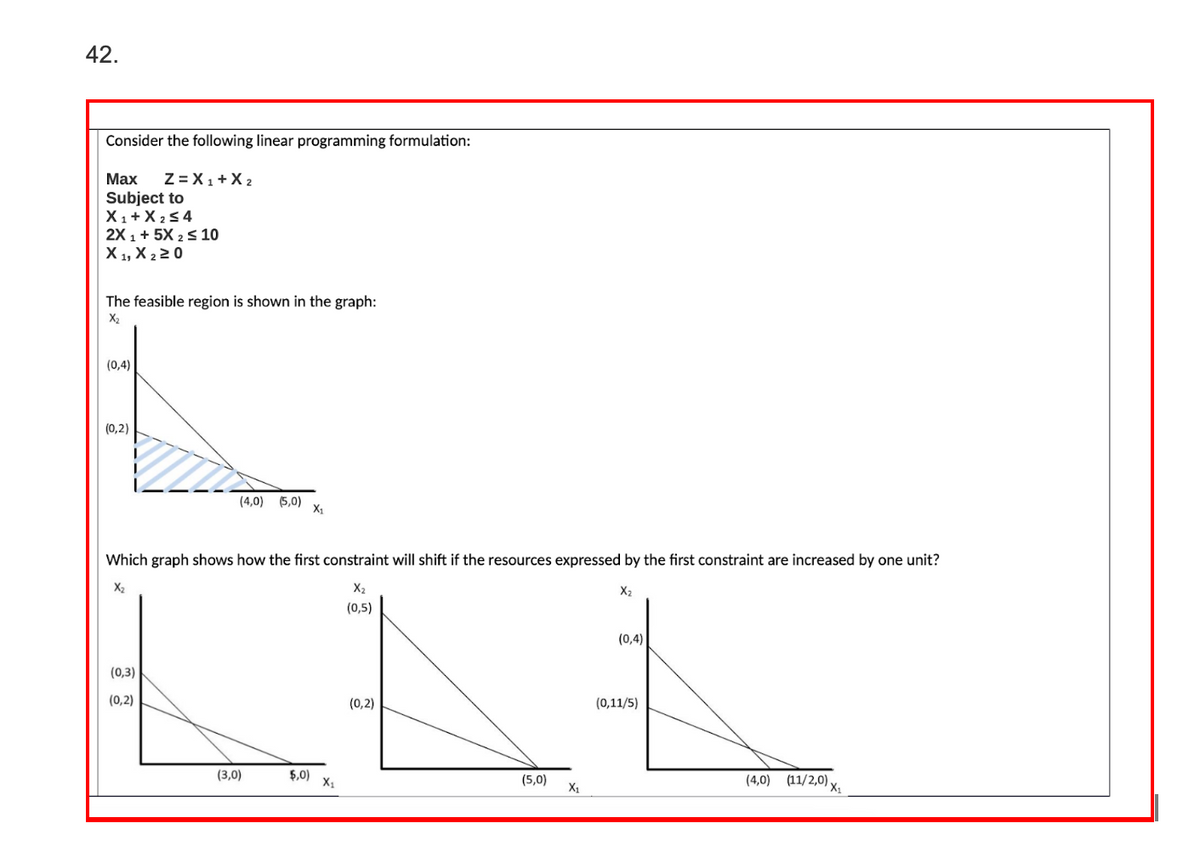 42.
Consider the following linear programming formulation:
Max Z = X₁ + X₂
Subject to
X₁ + X ₂ ≤4
2X 1 + 5X 2 ≤ 10
X 1, X 2 ≥ 0
The feasible region is shown in the graph:
X₂
(0,4)
(0,2)
(4,0) (5,0)
(0,3)
(0,2)
Which graph shows how the first constraint will shift if the resources expressed by the first constraint are increased by one unit?
X₂
X₂
X₂
(0,5)
(3,0)
X₁
$,0)
X₁
(0,2)
(5,0)
X₁
(0,4)
(0,11/5)
(4,0) (11/2,0) v
X₁