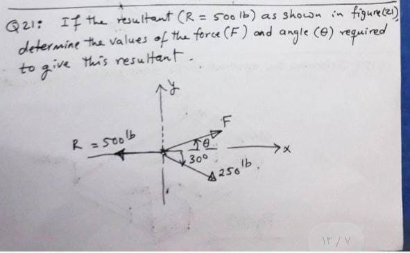 Q21: IT the resultant (R = 500 lb) as shown in figurecei)
determine the values of the force (F) ond angle (e) reguired
to give
%3D
this resultant.
R = 500b
300
