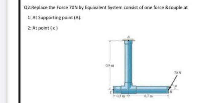 Q2:Replace the Force 70N by Equivalent System consist of one force &couple at
1: At Supporting point (A).
2: At point (c)
09m
0.7 m
