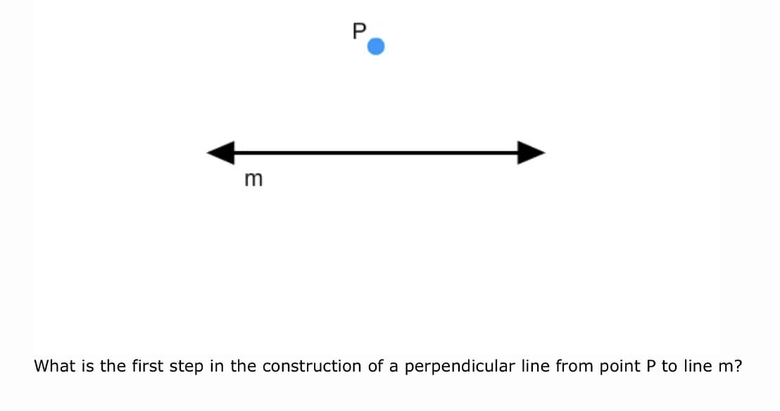 What is the first step in the construction of a perpendicular line from point P to line m?
