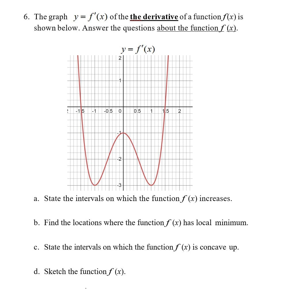 6. The graph y = f'(x) of the the derivative of a function f(x) is
shown below. Answer the questions about the function f (x).
y = f'(x)
2
1-
-15
-1
-0.5 0
0.5
1.5
2
-2
a. State the intervals on which the functionf (x) increases.
b. Find the locations where the function f (x) has local minimum.
c. State the intervals on which the function f (x) is concave up.
d. Sketch the function f (x).
