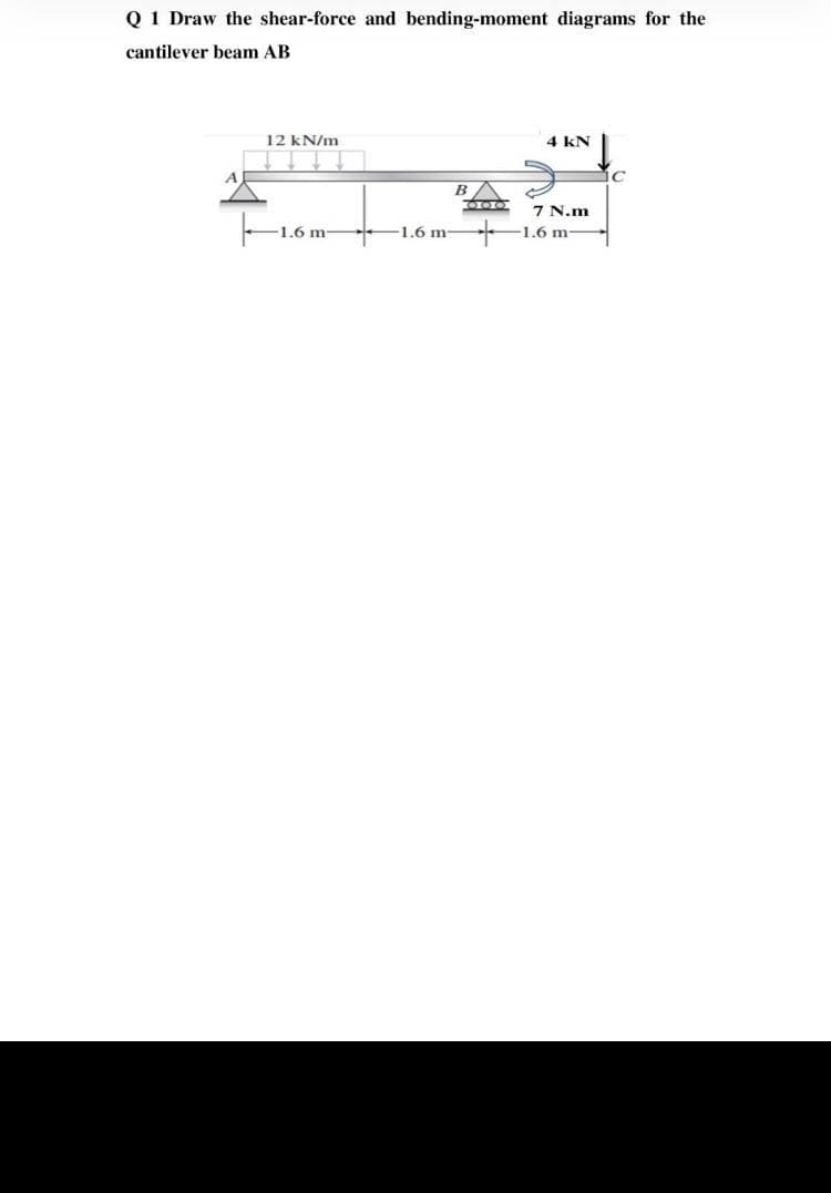 Q 1 Draw the shear-force and bending-moment diagrams for the
cantilever beam AB
12 kN/m
4 kN
BA
200
7 N.m
1.6 m
1.6 m-
1.6 m
