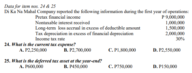 Data for item nos. 24 & 25
Di Ka Na Mahal Company reported the following information during the first year of operations:
P 9,000,000
1,000,000
1,500,000
2,000,000
30%
Pretax financial income
Nontaxable interest received
Long-term loss accrual in excess of deductible amount
Tax depreciation in excess of financial depreciation
Income tax rate
24. What is the current tax expense?
A. P2,250,000
C. P1,800,000
B. P2,700,000
D. P2,550,000
25. What is the deferred tax asset at the year-end?
В. Р450,000
С. Р750,000
A. P600,000
D. P150,000
