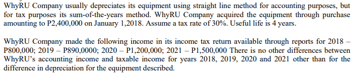 WhyRU Company usually depreciates its equipment using straight line method for accounting purposes, but
for tax purposes its sum-of-the-years method. WhyRU Company acquired the equipment through purchase
amounting to P2,400,000 on January 1,2018. Assume a tax rate of 30%. Useful life is 4 years.
WhyRU Company made the following income in its income tax return available through reports for 2018 –
P800,000; 2019 – P890,0000; 2020 – P1,200,000; 2021 – P1,500,000 There is no other differences between
WhyRU's accounting income and taxable income for years 2018, 2019, 2020 and 2021 other than for the
difference in depreciation for the equipment described.
