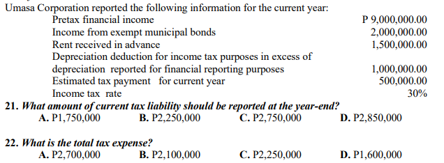 Umasa Corporation reported the following information for the current year:
Pretax financial income
Income from exempt municipal bonds
Rent received in advance
P 9,000,000.00
2,000,000.00
1,500,000.00
Depreciation deduction for income tax purposes in excess of
depreciation reported for financial reporting purposes
Estimated tax payment for current year
Income tax rate
1,000,000.00
500,000.00
30%
21. What amount of current tax liability should be reported at the year-end?
B. P2,250,000
A. P1,750,000
C. P2,750,000
D. P2,850,000
22. What is the total tax expense?
A. P2,700,000
B. P2,100,000
C. P2,250,000
D. P1,600,000
